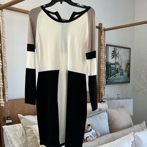 Calvin Klein Black and Cream Long Sleeve Dress pair w/ tights &boots.